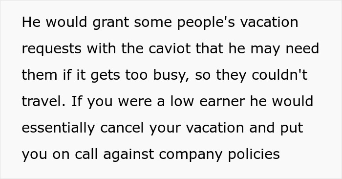 Black text describing a boss who cancels vacation of low earners and gets demoted for company policy violations