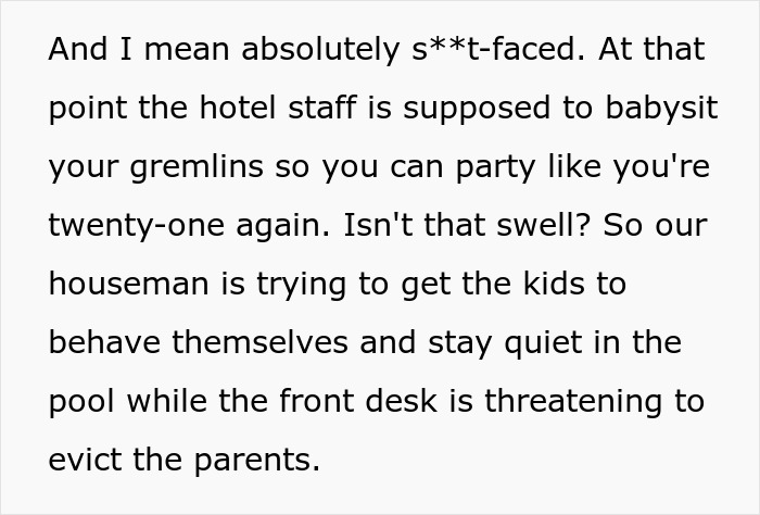 Text post detailing the chaos of unsupervised kids at the pool when a bridezilla ruins hotel rooms