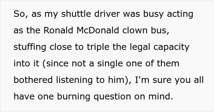 A black on white text image discussing a bridezilla overfilling a hotel shuttle driver's bus