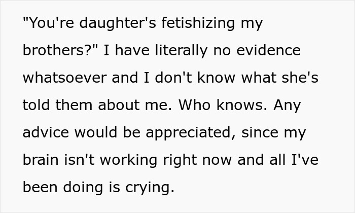 Text message discussing daughter's fetishizing brothers and seeking advice Text message discussing daughter's fetishizing brothers and seeking advice