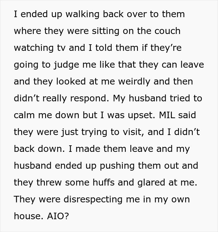 A screenshot of a social media post where a woman kicks out in-laws for being disrespectful.