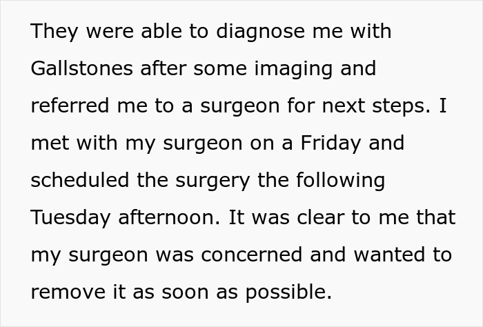 A black-and-white text screenshot detailing a woman's diagnosis of gallstones and her upcoming surgery.