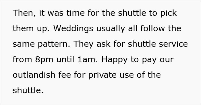 Black text on white background explaining wedding shuttle service details and fees