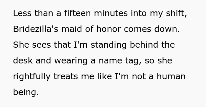 Text post about a bridezilla's maid of honor acting rudely at a hotel desk.