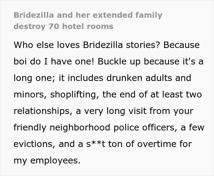 Screenshot of text discussing a bridezilla who ruins hotel rooms.