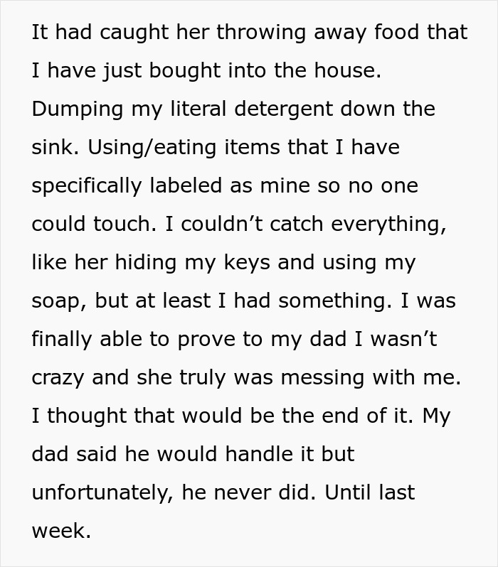 Text post about a woman caught throwing away stepchild food and soap.