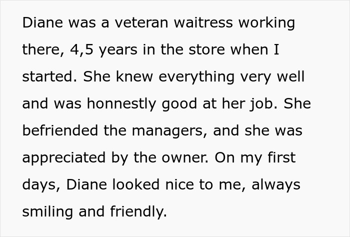 Text block describing a bossy coworker who is a veteran waitress. Text block describing a bossy coworker who is a veteran waitress.