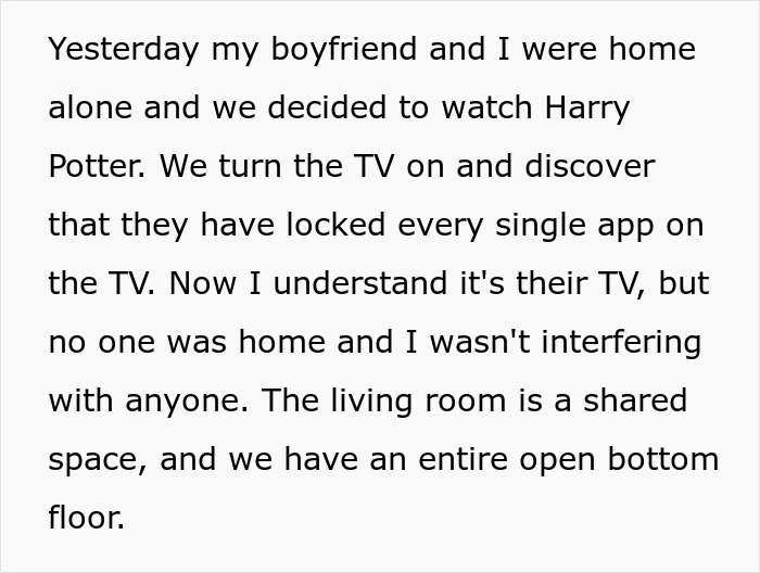 A black-and-white text graphic explaining how roommates locked all the apps on the shared TV. A black-and-white text graphic explaining how roommates locked all the apps on the shared TV.