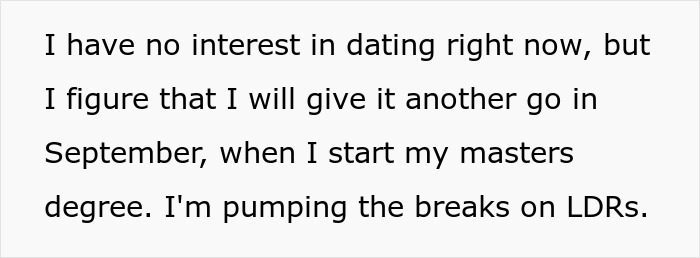 Text update explaining plans after a woman dumps cheater bf and avoids long-distance relationships. Text update explaining plans after a woman dumps cheater bf and avoids long-distance relationships.