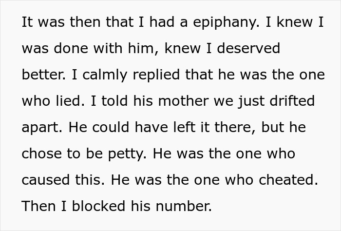 A black-and-white text screenshot of a woman detailing how her ex-fianc&eacute; lied, cheated, and got blocked