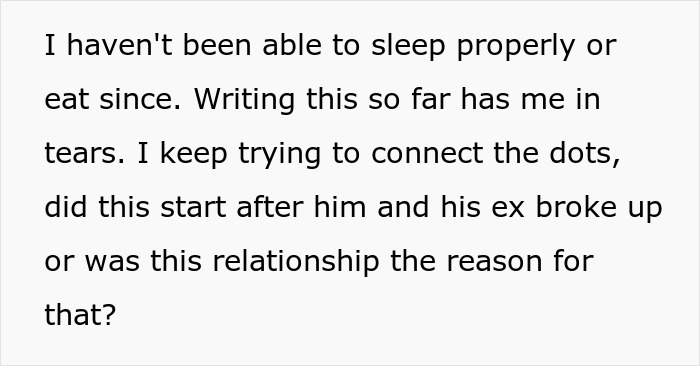 Text post from a mom losing sleep over her son’s relationship history. Text post from a mom losing sleep over her son’s relationship history.