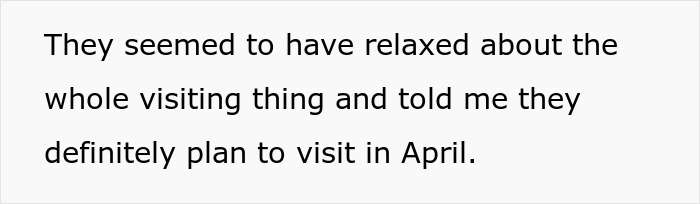 A text screenshot about parents planning a visit in April after a clear boundary was set before giving birth A text screenshot about parents planning a visit in April after a clear boundary was set before giving birth