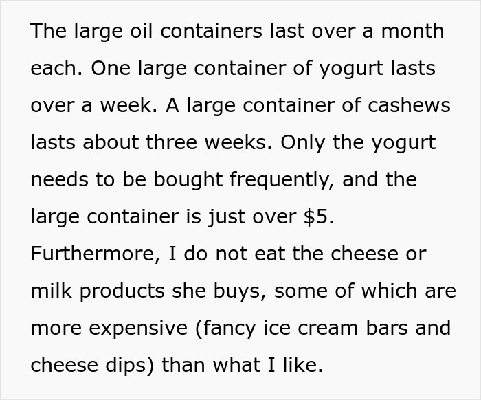 A text post describing the cost and usage of groceries like cashews, yogurt, and olive oil in a household A text post describing the cost and usage of groceries like cashews, yogurt, and olive oil in a household
