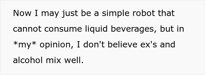 Text stating that exes and alcohol do not mix well, highlighting bridezilla drama.
