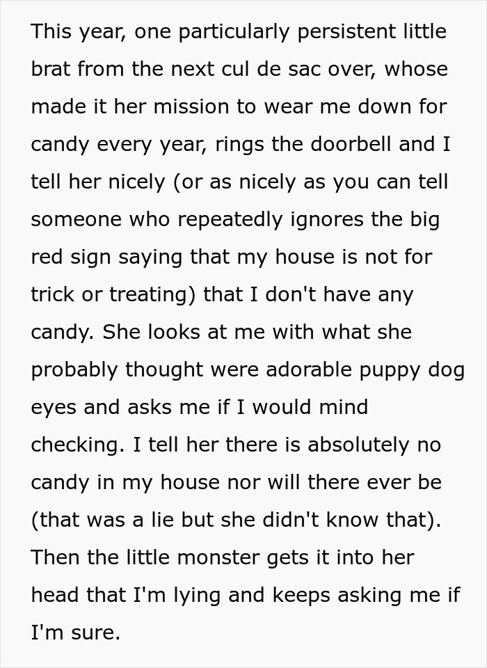 Mom explaining she has no candy to a persistent trick-or-treater