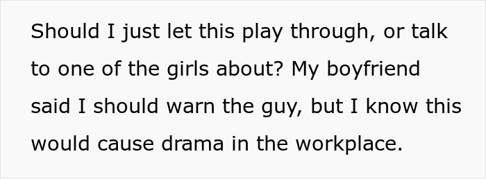 Screenshot of text asking for advice on whether to intervene in a workplace drama involving a plan to trick BF. Screenshot of text asking for advice on whether to intervene in a workplace drama involving a plan to trick BF.