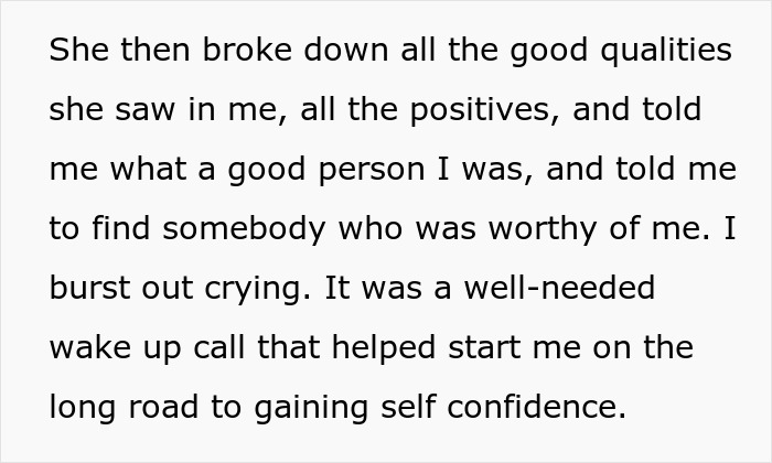 A black-and-white text screenshot detailing how a woman's ex-fianc&eacute; and his mother helped her find self confidence