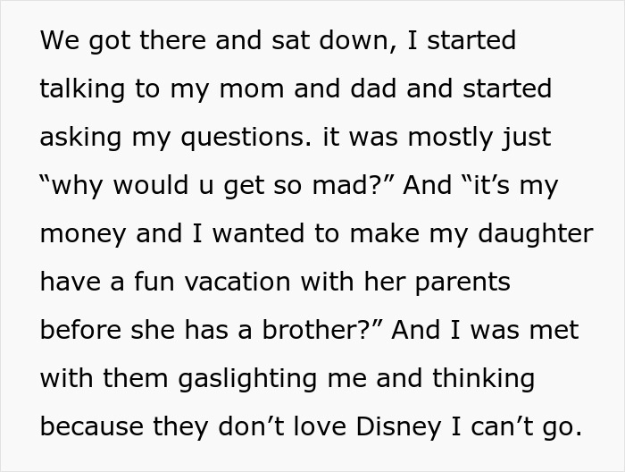 Screenshot of text detailing the daughter confronting her parents about their hatred of Disneyland. Screenshot of text detailing the daughter confronting her parents about their hatred of Disneyland.