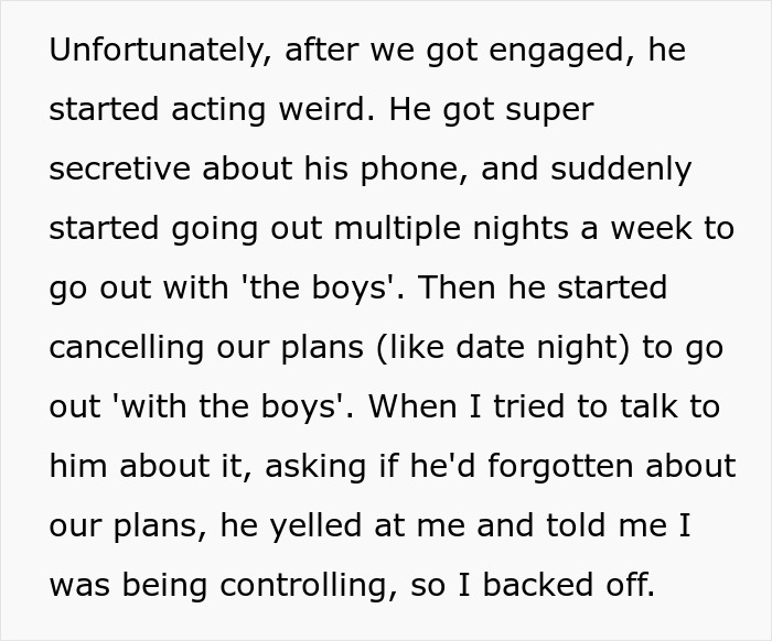 A black-on-white text screenshot explaining how a fianc&eacute; changed behavior after engagement.
