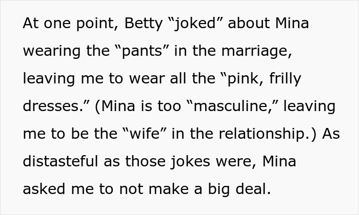 Text describing how Betty joked about Mina's masculine style and wearing the pants in the marriage. Text describing how Betty joked about Mina's masculine style and wearing the pants in the marriage.