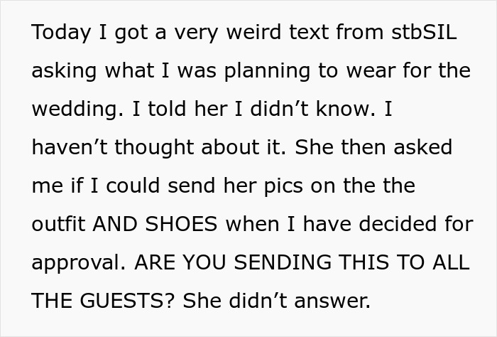 Text describing unusual wedding outfit and shoe approval request Text describing unusual wedding outfit and shoe approval request