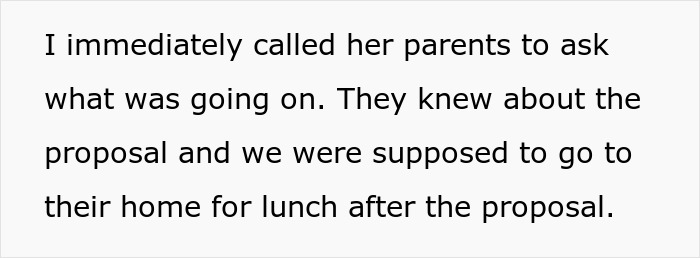 Text post describing a caller contacting parents about a dream proposal turned nightmare after the girlfriend disappeared.