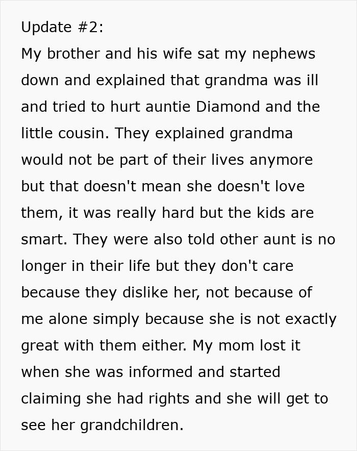 Text post update explaining family cutting ties after a guy keeps pursuing ex and sister helps cross boundary.