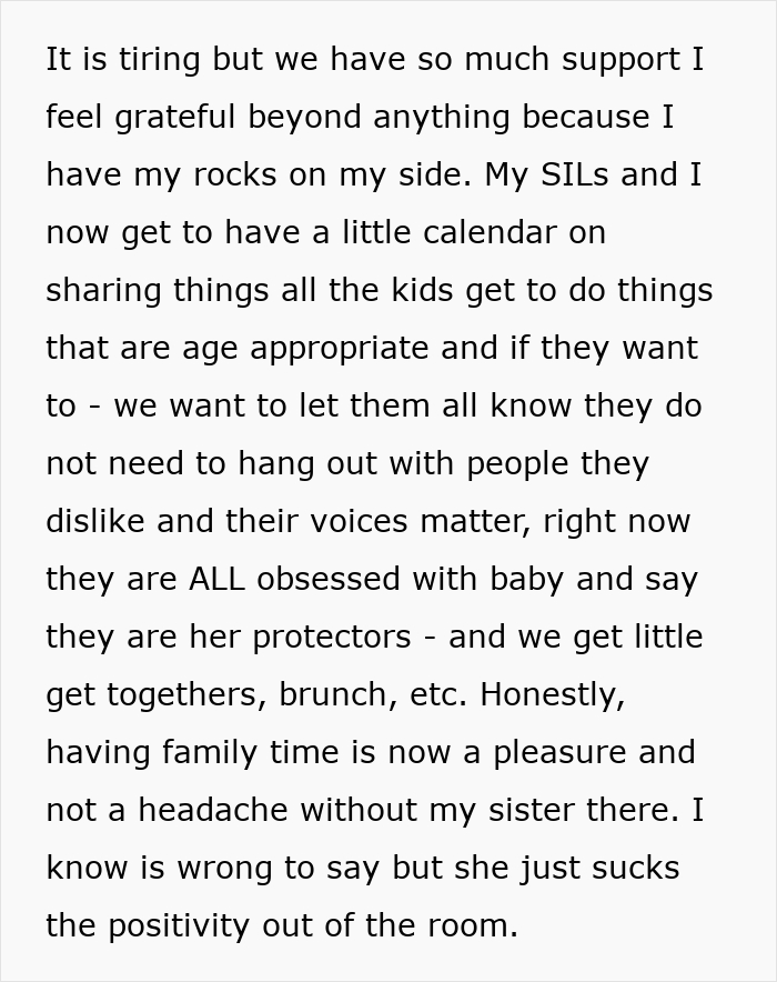 Text snippet detailing a personal story about family support, sisters-in-law, and setting healthy boundaries.
