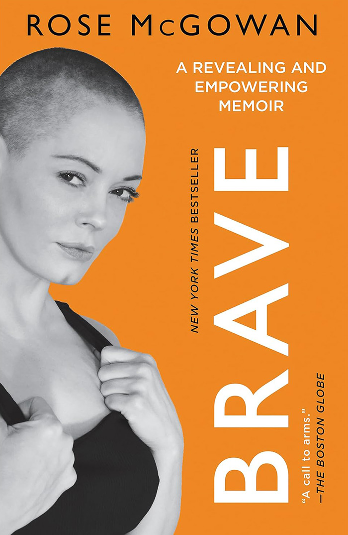 Cover of Brava memoir by Rose McGowan with shaved head and orange background