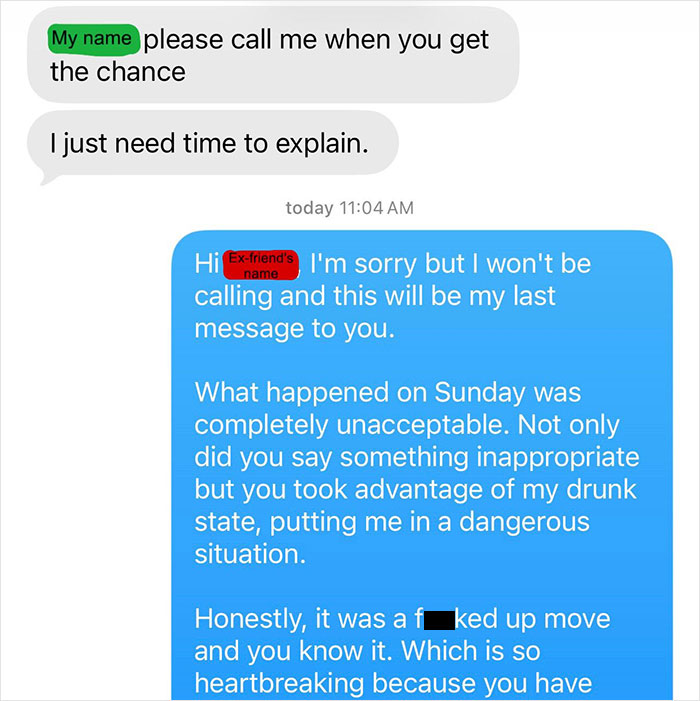 Screenshot of text messages ending a friendship after someone took advantage of her. Screenshot of text messages ending a friendship after someone took advantage of her.