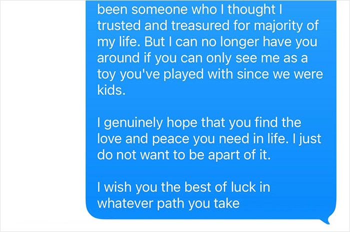 Screenshot of text messages explaining the decision to end a friendship after boundaries were crossed. Screenshot of text messages explaining the decision to end a friendship after boundaries were crossed.