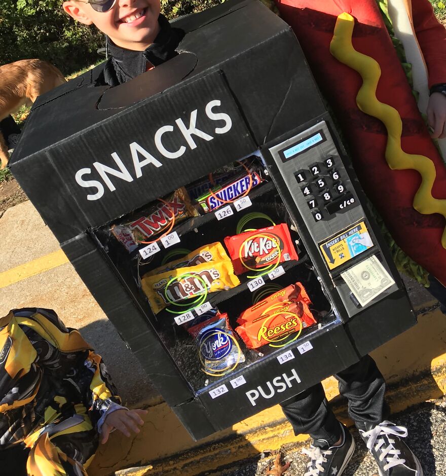 Child dressed in a homemade snack vending machine costume, showing fun Halloween costumes