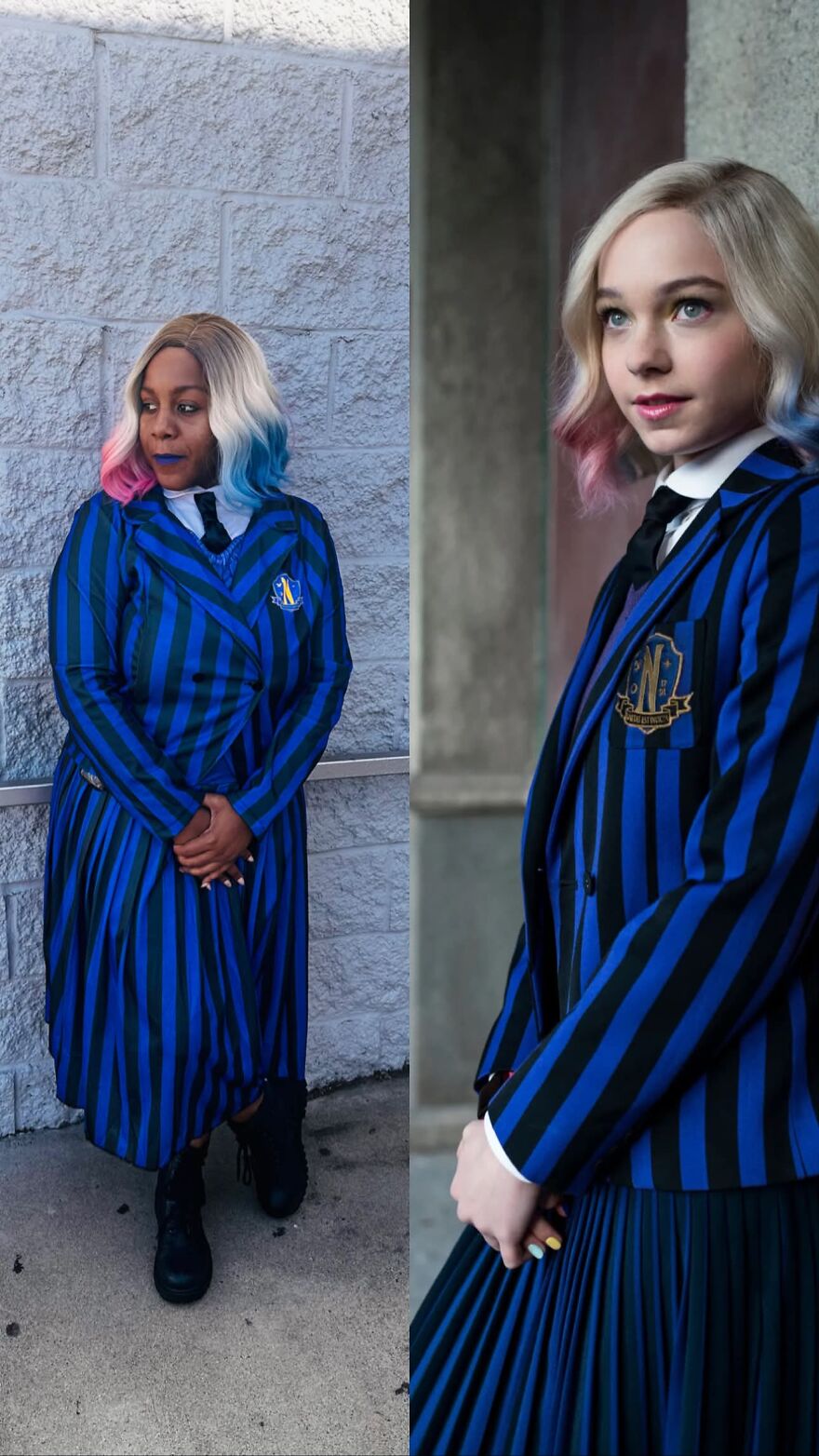 Side-by-side comparison of a fan dressed in a Nevermore Academy uniform as an impressive Halloween costume.