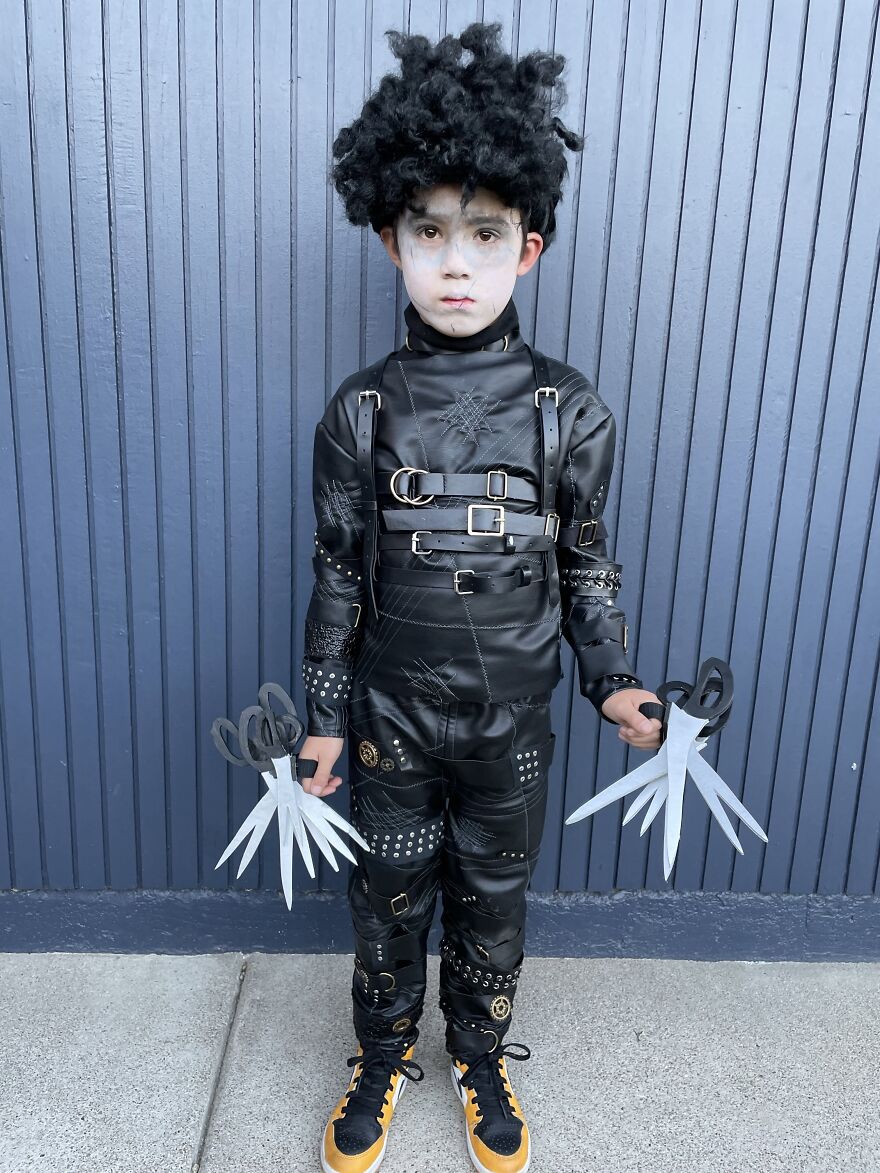 Child dressed in a detailed Edward Scissorhands outfit, showcasing creative Halloween costumes.