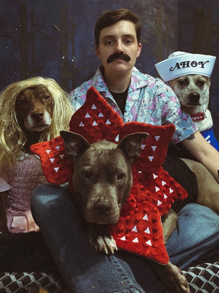 A person with three dogs dressed up in Stranger Things themed Halloween costumes