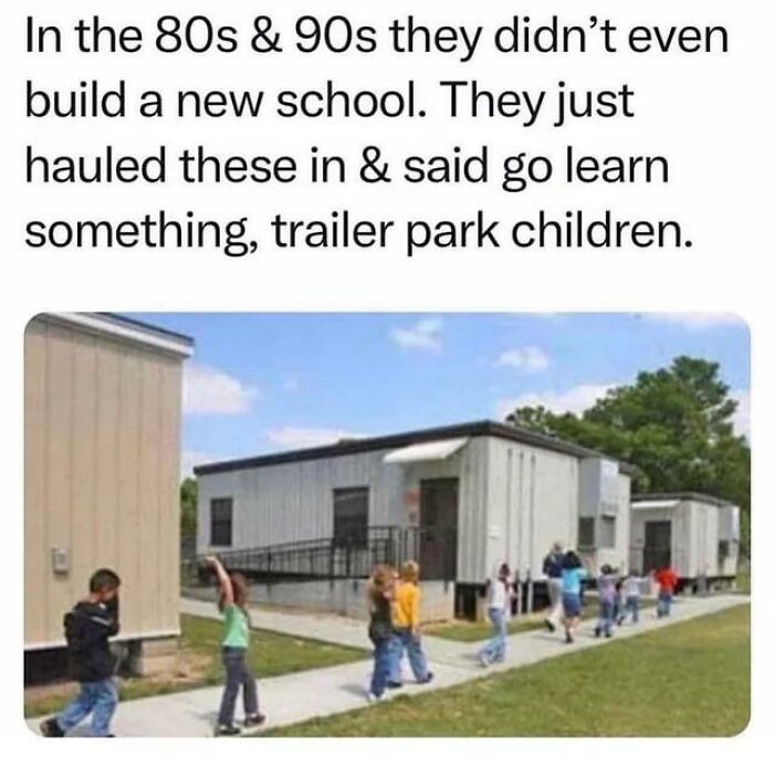 School children walking past portable classroom trailers in nostalgic photos from 80s kids childhoods.