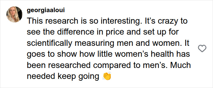 Social media comment addressing female health issue research and price differences. Social media comment addressing female health issue research and price differences.
