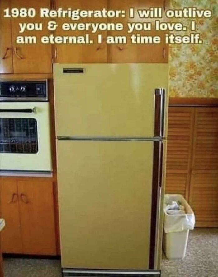 A vintage yellow refrigerator in an old-fashioned kitchen, featured in 80s kids nostalgic photos