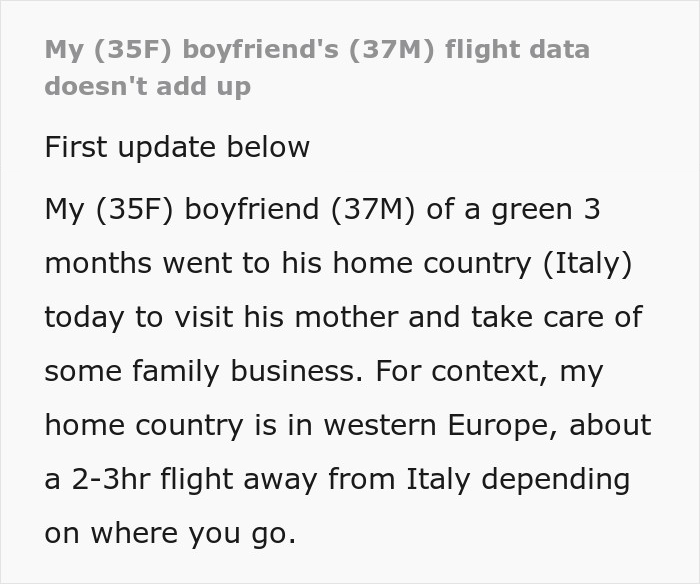 Screenshot of text post about a boyfriend taking a flight to Italy