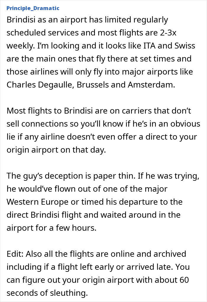 Detailed comment explaining airline routes to Brindisi after a guy takes an imaginary flight to Italy.