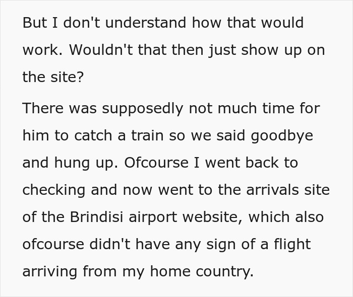 Screenshot of text detailing how the girlfriend checked the airport arrivals site to verify a flight tracker story.