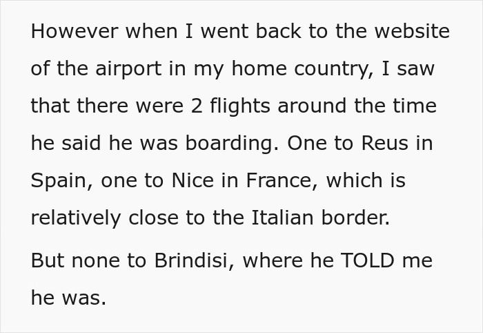 Text post describing a woman checking an airport website to see if a flight tracker listed any trips to Italy.