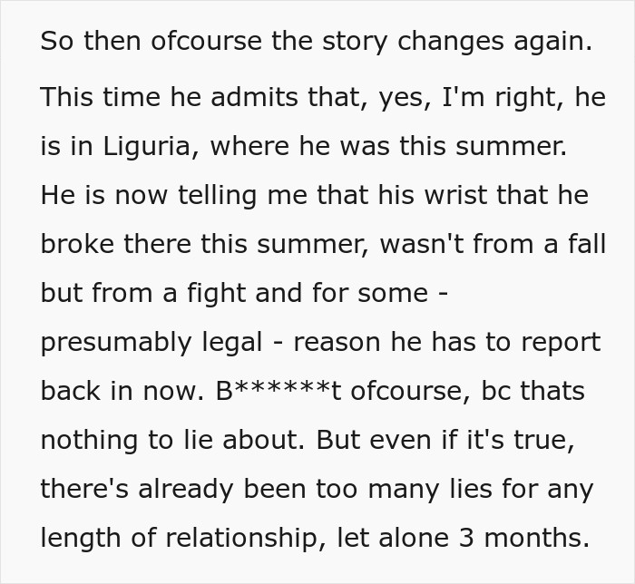 Text post update where the gf checks the flight tracker after her boyfriend lies about taking a flight to Italy.
