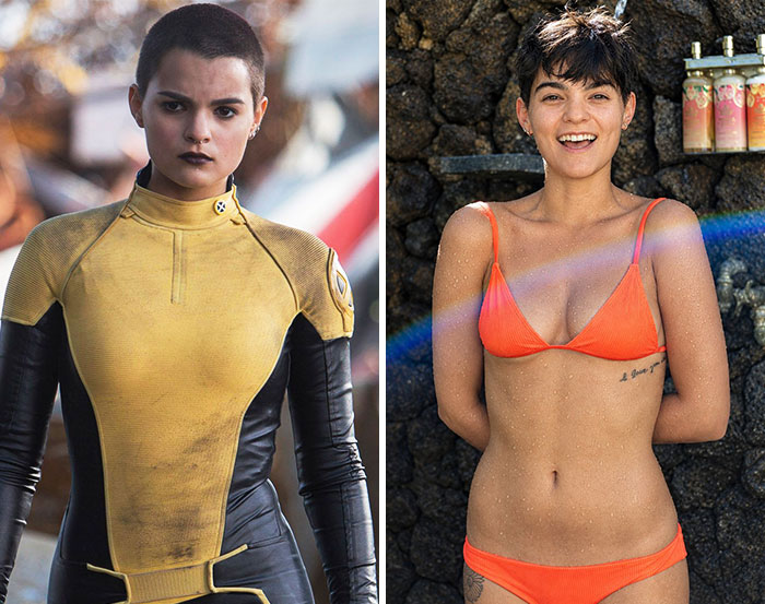 Side-by-side of Brianna Hildebrand in her breakout role as Negasonic Teenage Warhead and in a real-life bikini photo. Side-by-side of Brianna Hildebrand in her breakout role as Negasonic Teenage Warhead and in a real-life bikini photo.