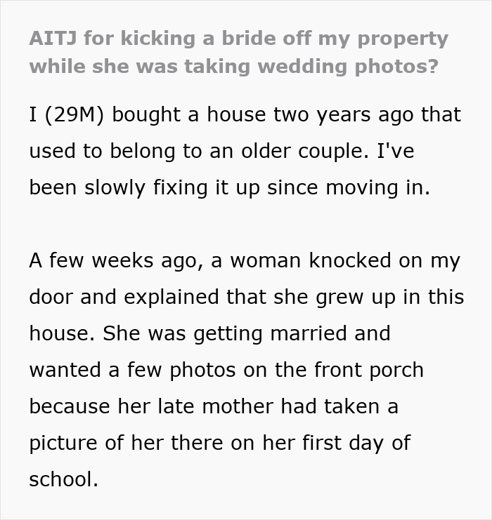 Text about bride taking wedding photos on man's porch Text about bride taking wedding photos on man's porch