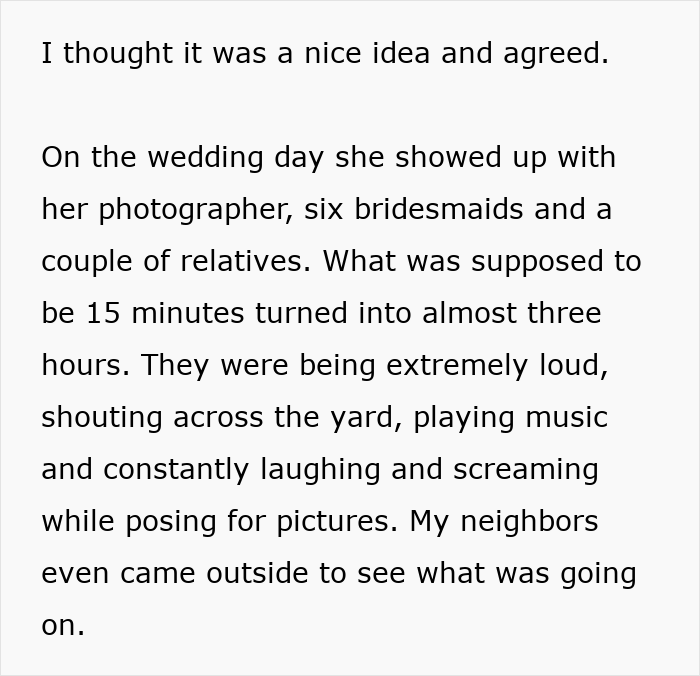 Text describing bride taking long, noisy wedding photos on porch Text describing bride taking long, noisy wedding photos on porch