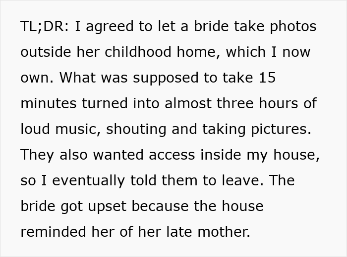 Summary of a bride taking over porch for wedding pictures and being kicked out Summary of a bride taking over porch for wedding pictures and being kicked out