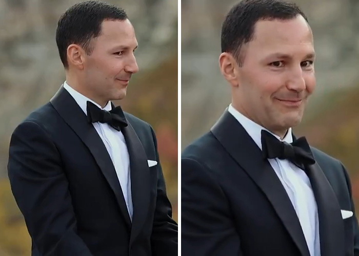 Side-by-side close-up images of the groom smiling nervously during the wedding vows.