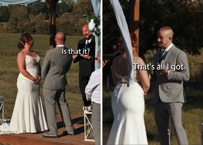 A bride and groom exchange short wedding vows during outdoor ceremony as the priest looks on.