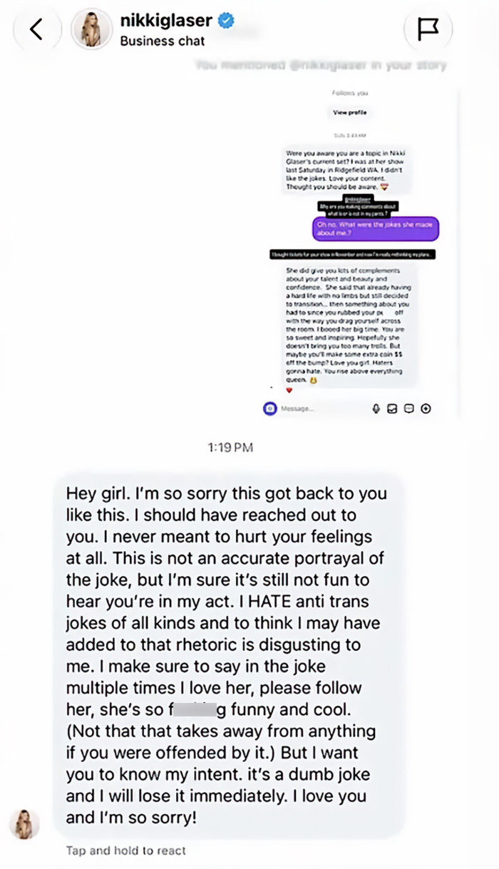 Nikki Glaser apologizes in private DMs over an inappropriate joke about trans influencer. Nikki Glaser apologizes in private DMs over an inappropriate joke about trans influencer.